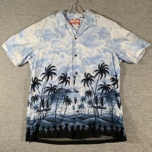 RJC Hawaiian Shirt Mens Large Blue Palm Tree Scenic Beach Aloha Made Hawaii USA